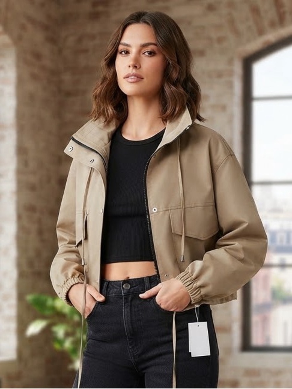 Cropped Taupe Bomber Jacket with High Collar